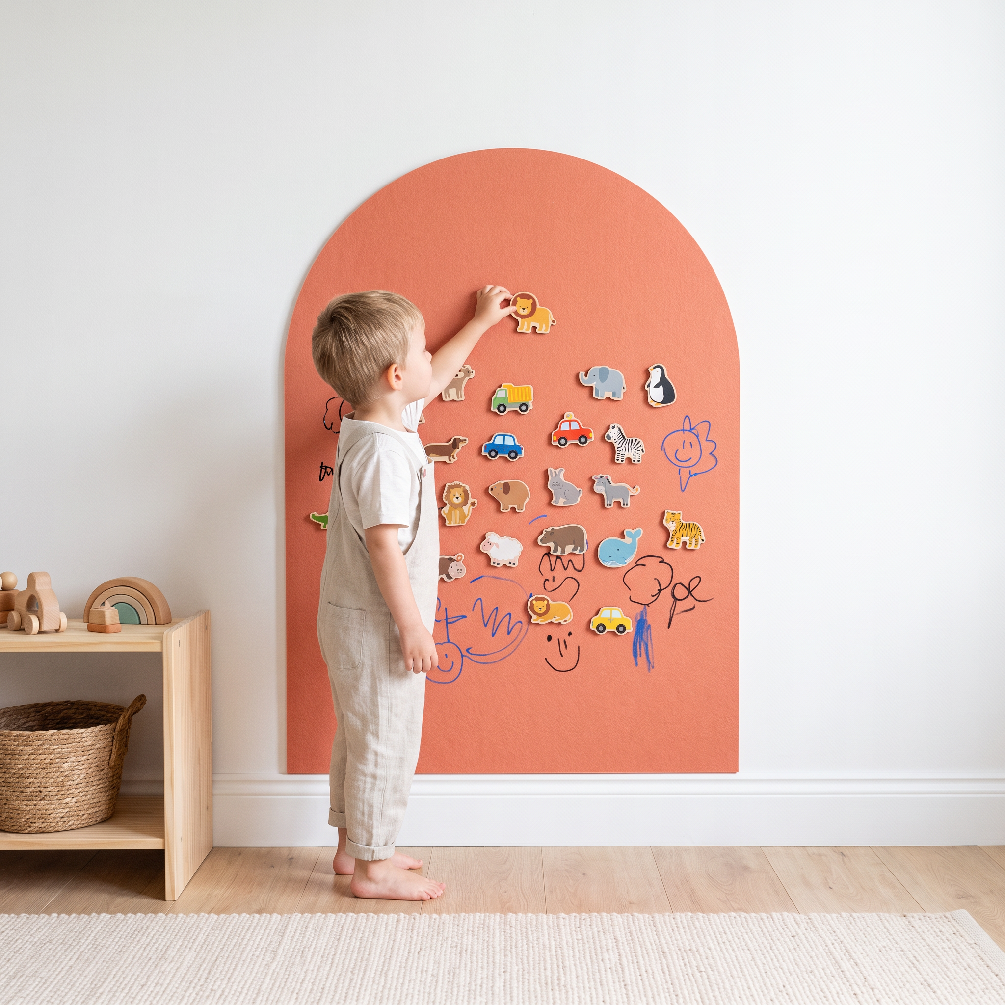 Niño jugando con imanes de madera en el arco